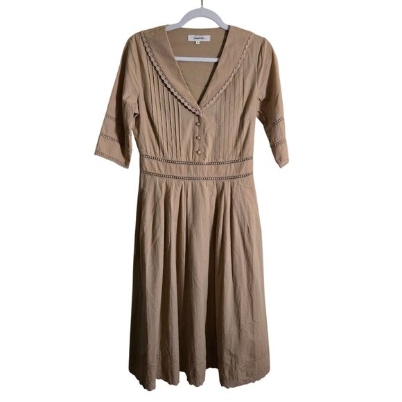 Simply Retro Fiona 100% Cotton 50s Inspired Midi Dress Tan Size M - Picture 2 of 9